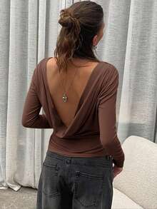 Siren Gaze Áo thun tay dài dáng rộng, dáng chữ V sâu, xếp ly màu trơn thời trang dành cho nữ - Cà phê nâu - Xem 8