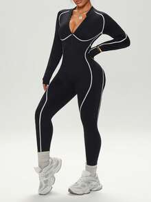 Rhythm Era Seamless High Stretch Sports Fitness Jumpsuit, Black, Fashionable Zipper Line Design - Black - View 8