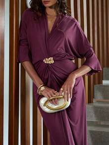 Opulessa Women's Deep V-Neck Bat Wing Sleeve Metal Decor Fashion Dress,Dark Purple,Autumn,Elegant,Dining Formal Dress,Winter Christmas Party Outfits - Purple - View 2