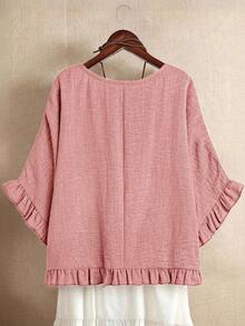 EMERY ROSE Plus Size Casual Minimalist Everyday Frill Trim Loose Shirt - Dusty Pink - View 2