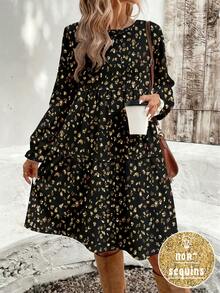 EMERY ROSE Vestido Casual Solto com Estampa Floral Miúda e Leopardo de Gola Redonda, Adequado para Outono/Inverno, Plus Size