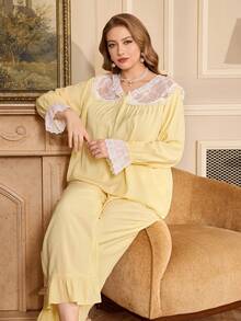 PalaceNights 大码蕾丝拼接长袖上衣和荷叶边阔腿裤睡衣套装 - 黃色 - 查看 5