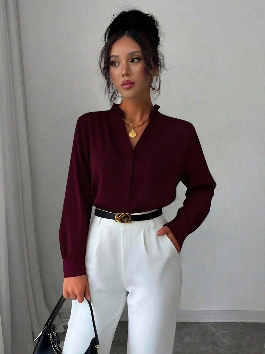 SHEIN Tall 女士纯色荷叶边V领长袖时尚衬衫 - 酒紅色 - 查看 1