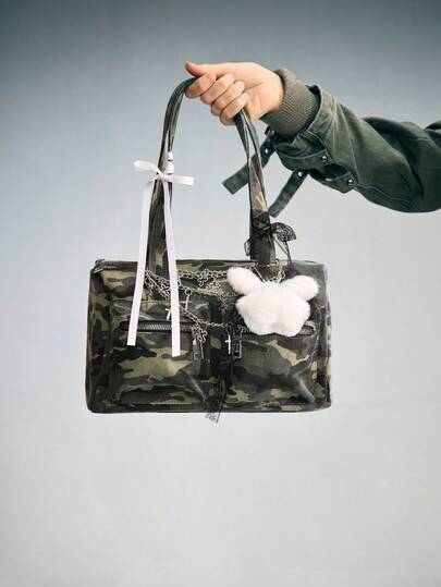 Kawaii Borsa a spalla vintage e carina da donna con motivo a quadri, decorazione con fiocco, ciliegie e cuori, borsa Boston multitasche, adatta per scuola, strada e stile giapponese