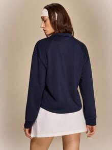 Hanevo Women's Casual Sports Back To School Outfit - Stand Collar Zip-Up Long Sleeve Top & White Pleated Mini Skirt Set - Blue - View 2