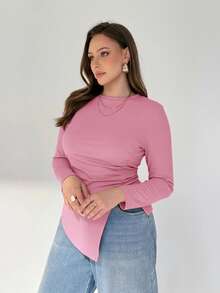 SHEIN Essnce 大码女装春秋季时尚休闲舒适日常不规则下摆黑色修身上衣，秋季服装，外出上衣，曲线黑色上衣 - 粉色 - 查看 3