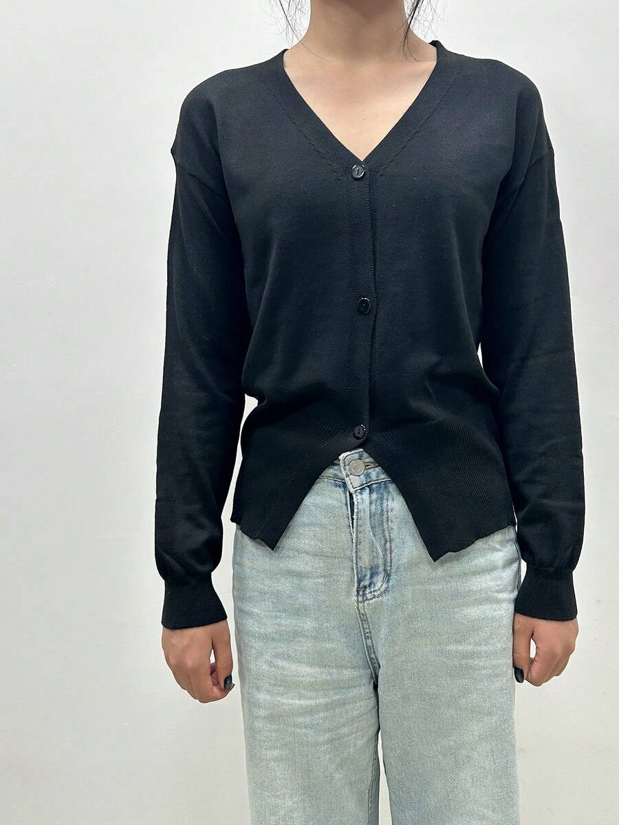 Chiquease Simple Yet Chic Soft Button-Front Cardigan Fall Winter Cloth For Women - Black - View 1