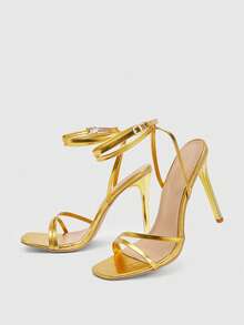 SHEIN BAE Giày cao gót thời trang nữ, Giày quai kim loại, Giày quấn quanh, Giày mũi vuông tối giản, Giày gót mạ vàng, Giày gót mỏng, Phong cách ngoài trời mùa hè, Giày màu vàng cho nữ - Vàng - Xem 4