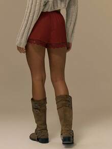 MUSERA 棉质府绸蕾丝边迷你短裤，可爱街头风，适合节日、农舍风、乡村风、复古风、夏季度假节日穿着 - 鏽棕色 - 查看 5