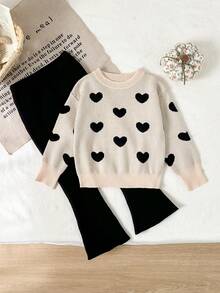 THE HAPPY LOOK 2pcs Young Girl Heart Pattern Knitted Soft Sweater And Elastic Waist Pants Set