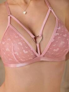 ROMWE Kawaii Romantic Countryside Sexy Lingerie Set With Criss-Cross Heart Design - Pink - View 2