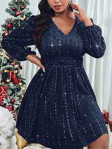 Roveilla 大码 V 领亮片长袖连衣裙 - 藏蓝色 - 查看 4