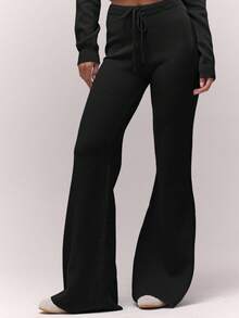 MUSERA 针织抽绳腰阔腿休闲裤，复古乡村风，奶油糖色，优雅晚宴派对必备，适合冬春夏三季穿着。 - 黑色 - 查看 2