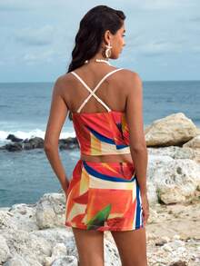 Opulessa Damen Blumen-Muster asymmetrischer Saum Trägerhemd und Mini-Rock Lässig 2-teiliges Set - Orange - Übersicht 3