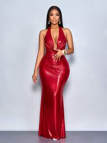 SOLERSUN فستان ماكسي مثير للنساء من قماش لامع مكشكش بياقة عميقة وظهر مكشوف، مناسب لحفلات الشاي بعد الظهر والتجمعات والخروجات الأنيقة والمواعيد والخروجات الرومانسية والخروجات الليلية وحفلات عيد الميلاد ورأس السنة والعطلات والملابس النسائية المثيرة وملابس النادي، مناسب لحفلات عيد الميلاد والعطلات وعيد الحب