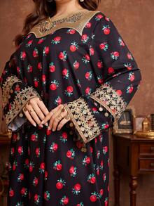 Al Najma Plus Size Long Sleeve Maxi A-Line Dress, Floral Lace Patchwork, Casual & Elegant Arabic Style For Women - Multicolor - View 6