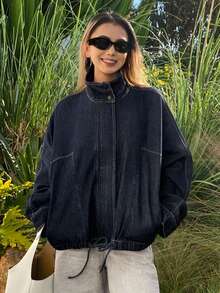 DAZY Women's Stand Collar Button-Up Long Sleeve Drawstring Hem Casual Street Style Denim Jacket And Coat - Dark Wash - View 2