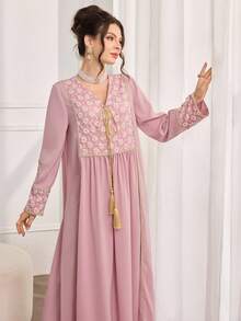 Al Najma 女士复古休闲日常V领系带流苏连衣裙 - 粉色 - 查看 7