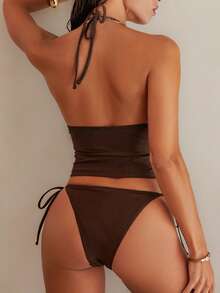 Swim Chiccia 2pcs/Set Spring Break Summer New Solid Color Spaghetti Strap Sexy Elegant Vacation Camisole & Bikini Set With Beaded Accessories, Suitable For Beach, Pool Party - Coffee Brown - View 2