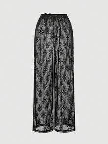 SHEIN MOD Women's Sheer All-Over Print Cover-Up Pants, Suitable For Summer Beach, Black Lace Pants, Beach Pants,  Elegant Women's Beach Pants, Holiday, Vacation Woman, Festival - Black - View 3