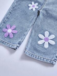 SHEIN Washed Denim Bib Pants For Baby Girls, Floral Print Loose Jumpsuit - Light Wash - View 7