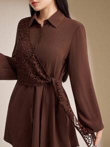 Veilorie 2件套女士阿拉伯风格套装（长袖上衣和裙子套装） - 咖啡棕 - 查看 1