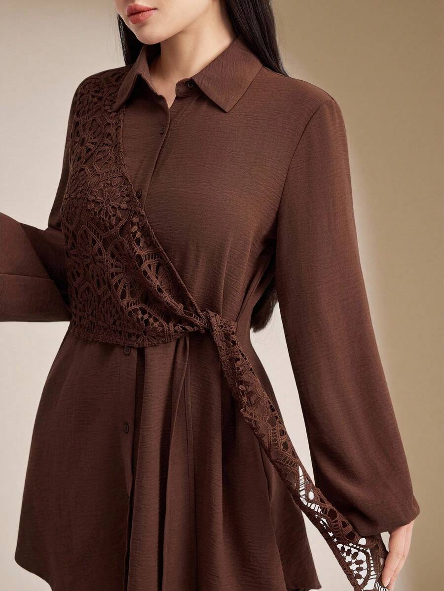 Veilorie 2件套女士阿拉伯风格套装（长袖上衣和裙子套装） - 咖啡棕 - 查看 1