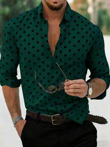 Manfinity Homme Loose Fit Men's Polka Dot Print Casual Long Sleeve Shirt Green Shirts For Men Mens Casual Tops Cheetah Print Men Shirt Men Casual Long Sleeve Shirts Men Fashion Shirt Old Money,Daily Leisure, Weekend Trips, Outdoor Activities, Travel Expeditions, Relaxed Work Environments Or Semi-Formal Occasions, Boyfriend/Husband Gift, Anniversary /Birthday Gift Party Christmas New Years Wedding - Dark Green - View 1
