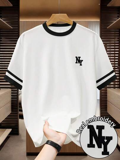 Manfinity Dauomo 男士上衣，纽约刺绣图案，宽松圆领休闲男士T恤，条纹撞色全印花图案男士T恤，适合春秋季居家穿着，男士新款，送给丈夫和朋友的礼物，新年礼物，圣诞礼物，返校礼物，教师节礼物