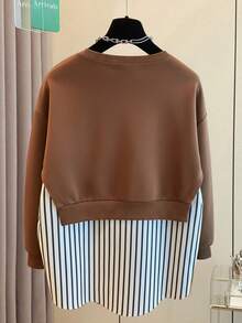 SHEIN 女式休闲日常条纹拼布圆领运动衫，秋季 - 棕色 - 查看 2