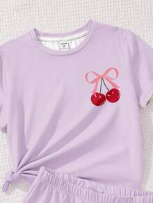 可爱粉色蝴蝶结樱桃印花，少女休闲简约短袖短裤两件套，适合夏季穿着 - 淡紫色 - 查看 5