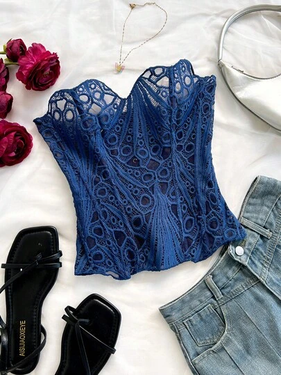 Soleia European & American Style Sexy Vacation Lace Double-Layer Corset Bustier, Hollow Embroidered Shapewear, Deep Blue