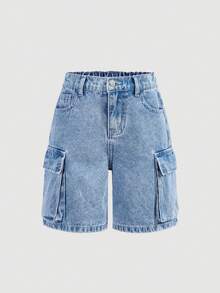SHEIN Girlism Shorts vaqueros rectos holgados con bolsillo lateral para niña preadolescente, estilo Y2K para primavera-verano, concierto de verano - Azul lavado medio - Ver 1