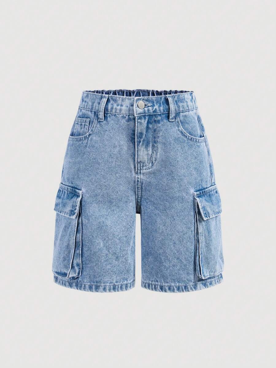 SHEIN Girlism Shorts vaqueros rectos holgados con bolsillo lateral para niña preadolescente, estilo Y2K para primavera-verano, concierto de verano - Azul lavado medio - Ver 1