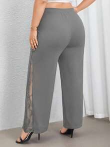SHEIN PETITE CURVE Pantalones anchos de cintura alta elegantes y de talla grande en color negro con abertura lateral y panel transparente de encaje, perfectos para el uso diario y el trayecto al trabajo, primavera/verano - Gris - Ver 2