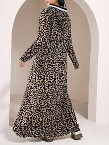 Veilorie 女士豹纹口袋长袖连帽休闲长袍端庄连衣裙 - 卡其色 - 查看 6