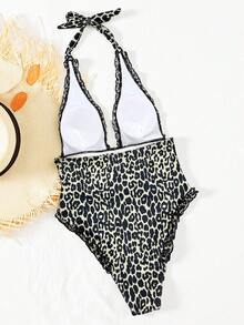 Swim SXY Bonvoyette-D Random Leopard Print Deep V-Neck Tie-Knot Ruched Mesh Trim Sexy Casual Swimsuit One-Piece For Women, Spring/Summer - Multicolor - View 2