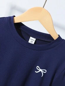 3 件女童蝴蝶结印花腰部短袖 T 恤套装，包括灰色、粉色和黑色 - 寶藍色 - 查看 8