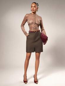 Hauture Women's Simple Sexy Office Daily Front Slit Suiting Fabric Tailored Pencil Skirt - Brown - View 1