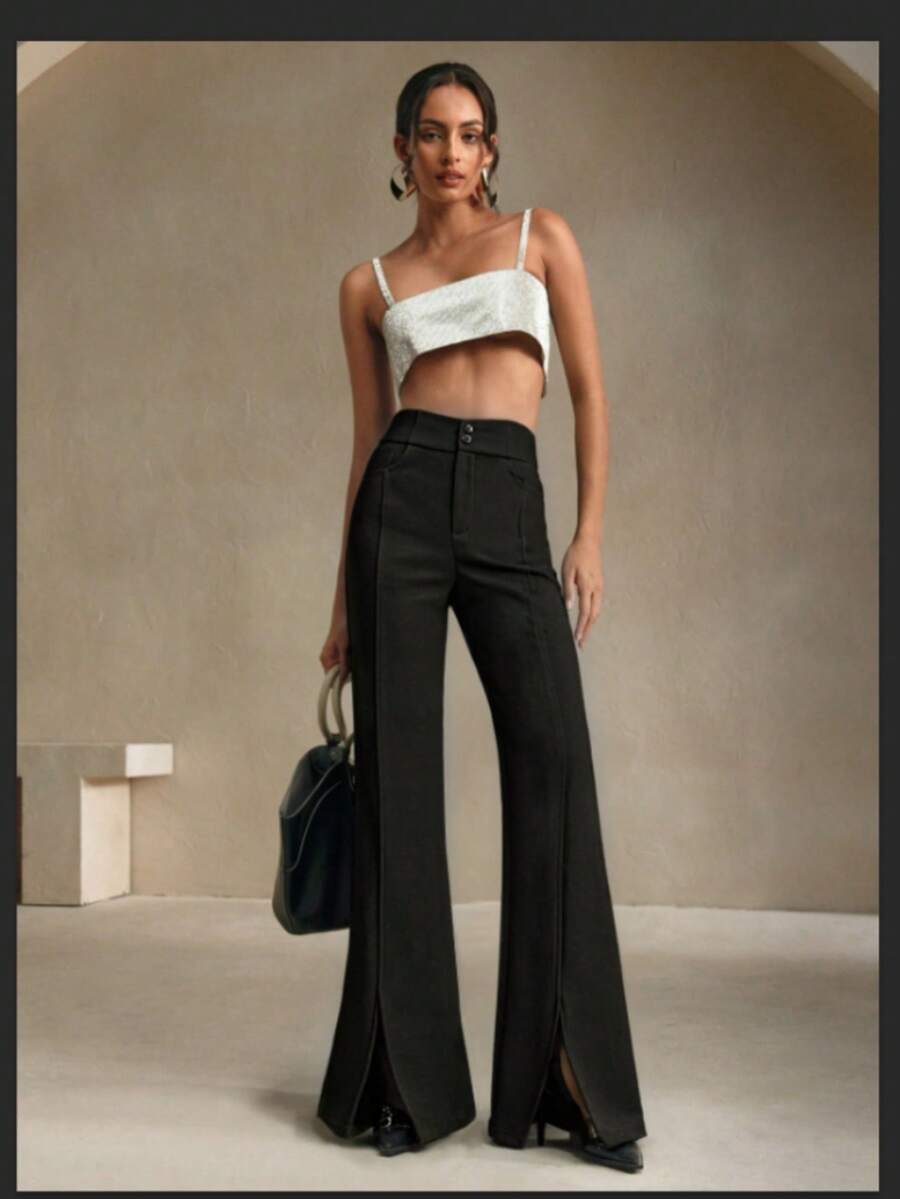 Anewsta Damen schwarze ausgestellte Hose, lässig-elegante Hose mit Beinschlitz, figurschmeichelnde Bürokleidung ausgestellte Hose, Herbst/Winter - Schwarz - Übersicht 1