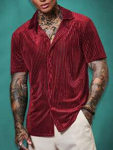 EASEVO 加大码男士休闲条纹短袖衬衫，夏季男士衬衫，红色男士高档衬衫，男士夏季纽扣衬衫 - 紅色 - 查看 1