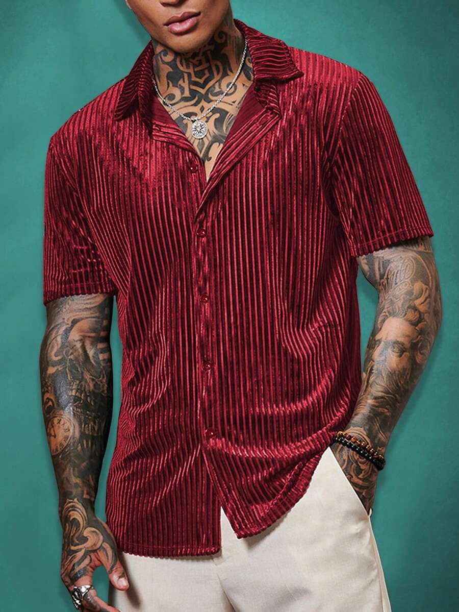 EASEVO 加大码男士休闲条纹短袖衬衫，夏季男士衬衫，红色男士高档衬衫，男士夏季纽扣衬衫 - 紅色 - 查看 1
