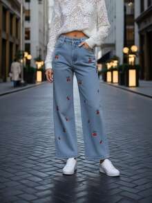 Mezclilla pantalon para mujer,bordado de cereza,anchor,rigido,hermoso,comodidad. - Celeste - Ver 1