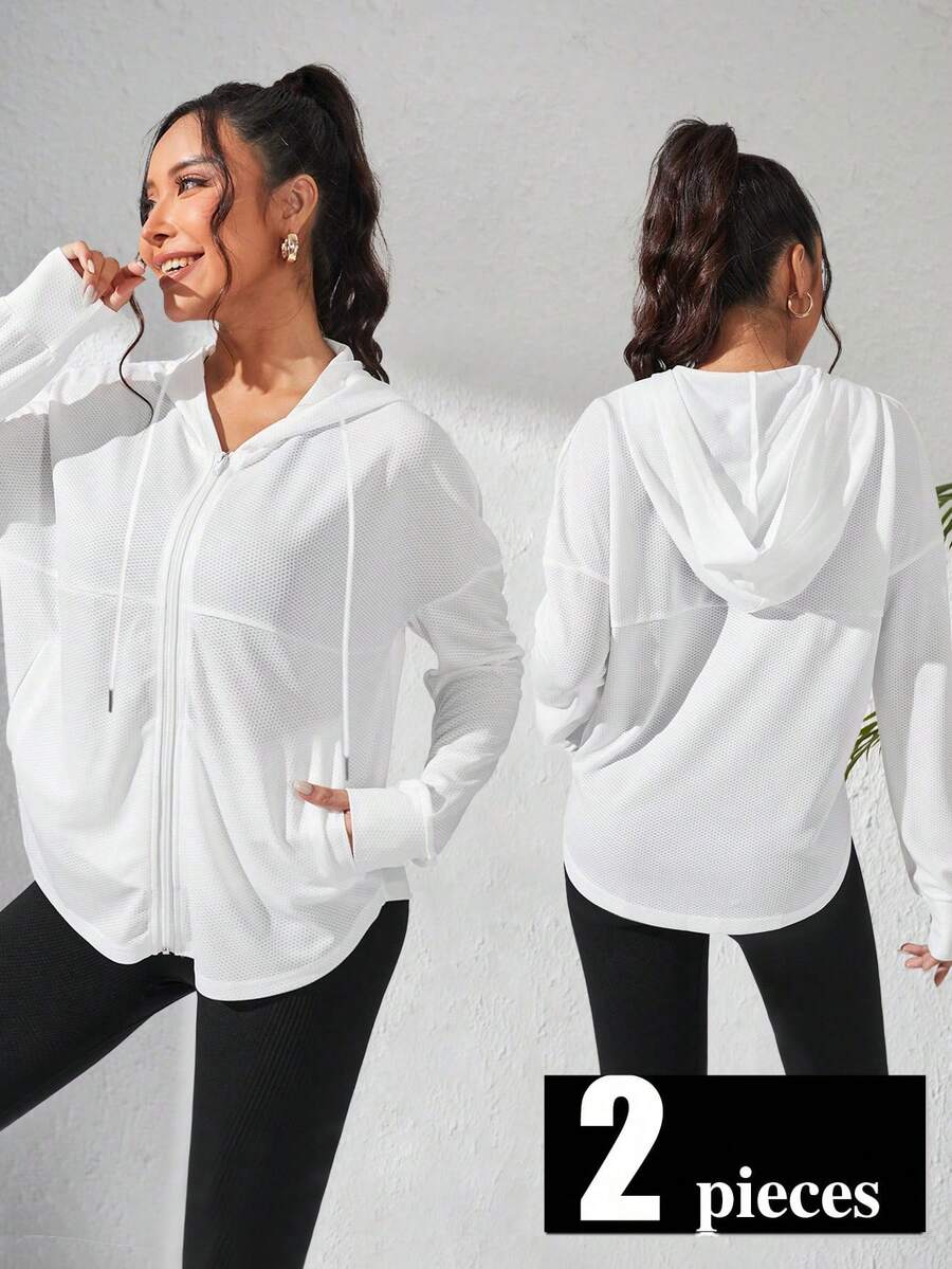 Velisys 女士纯色落肩长袖拉链前袋连帽运动夹克 - 白色 - 查看 1