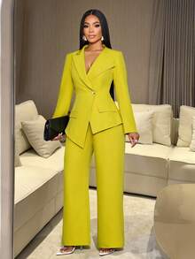 SOLERSUN 女士性感优雅不对称翻领收腰不对称下摆西装外套搭配阔腿裤，时尚通勤女装，适合度假、约会、独立日、教师节等场合。 - 綠色 - 查看 5