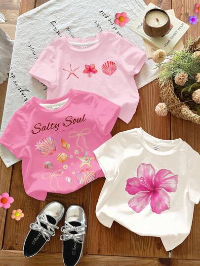 SHEIN LMoss Kids 3pcs Chill Vacation Tropical Floral, Hibiscus, Frangipani, Starfish, Seashell Beach Print Casual Round Neck Short Sleeve Basic T-Shirts For Young Girls, Suitable For Spring/Summer, White, Pink, Light Pink