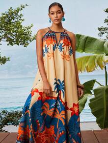Travachic Women's Tropical Palm Tree Print Vacation Halter Dress - Multicolor - View 6