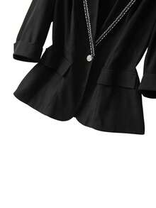 GlowEve CURVE Plus Size Women's Solid Color Rhinestone Collar Waist Fitted 3/4 Sleeve Blazer Jacket, Suitable For Business, Party, Wedding - Black - View 6