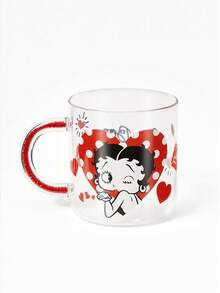 Betty Boop x SHEIN 1Pc 17.6oz/520ml Cute Cartoon Pattern Printing Shiny Handle Decorative Borosilicate Glass Mug, Cold And Heat Resistant, Suitable For Milk, Juice, Coffee, Etc., Love, Playful, Lip Print, Love,Gift Ideas,Party,Holiday,Valentine's Day - Clear - View 5