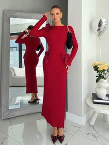 Siren Gaze Women's Dark Red Long Sleeve Elegant Waist Cinched Bowknot Decor Split Dress,Autumn Christmas Party Outfit,New Year Eve Valentine's Day Date Dress - Fiery Red - View 4